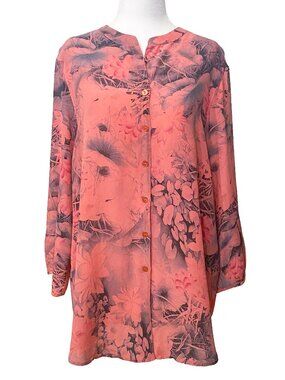 TIANELLO 100% Silk Bobbie Blouse M Coral Pink Floral Lotus Leaf Henley Tunic Top